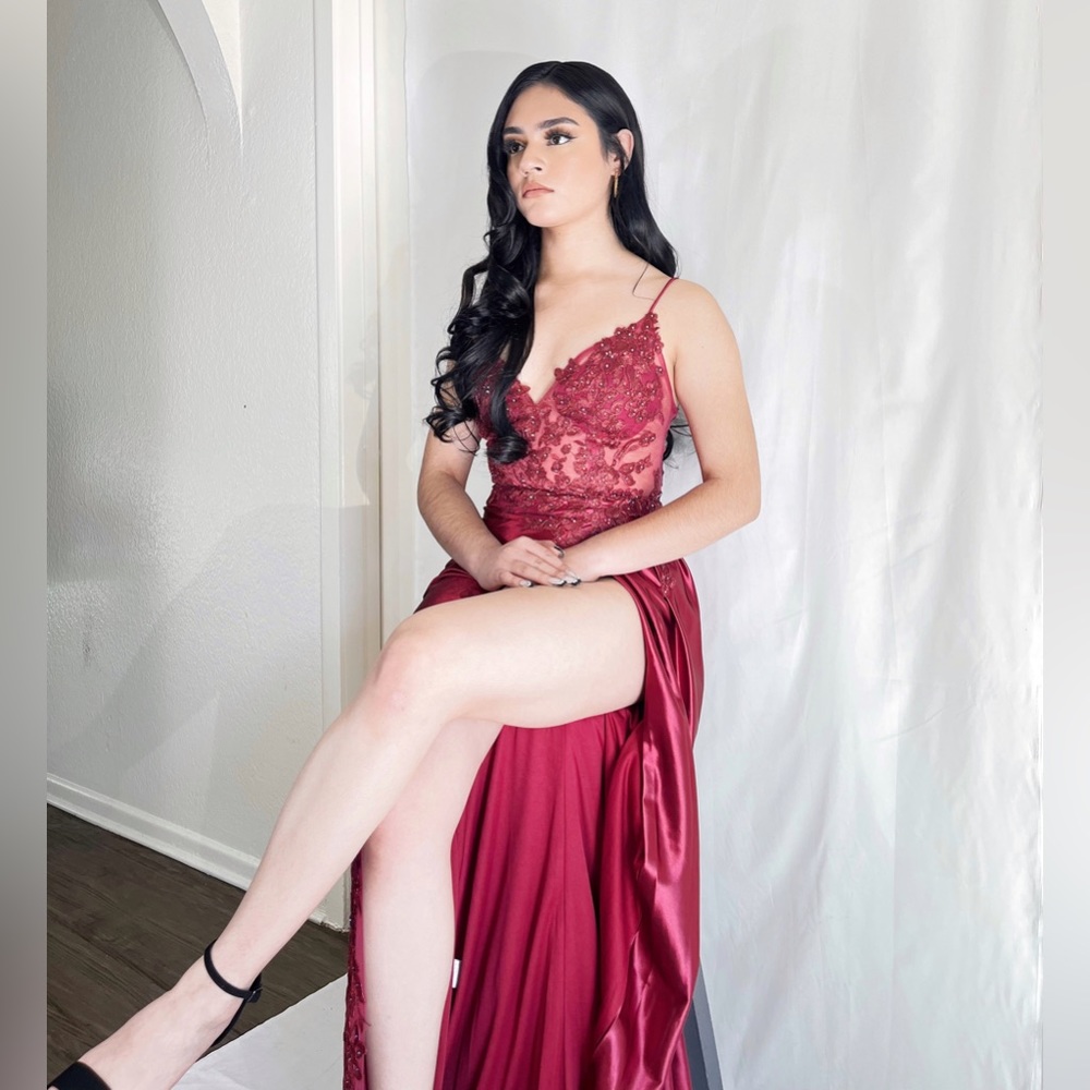Wine, Burgundy Gown with Slit